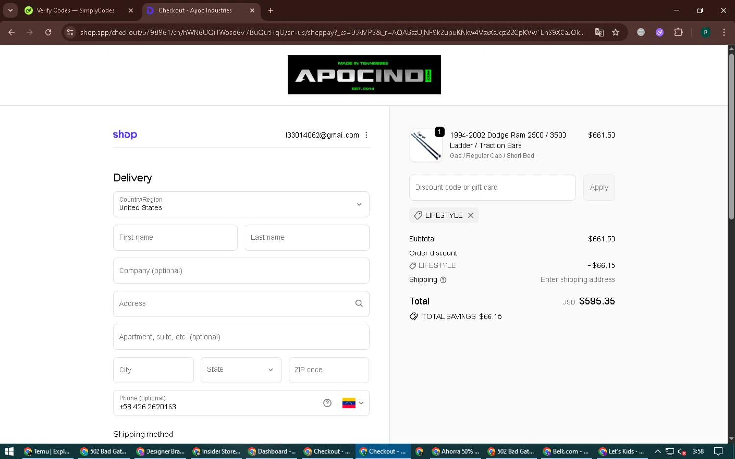 Apoc Industries discount code screenshot showing code LIFESTYLE applied at Apoc Industries checkout page. Uploaded by SimplyCodes community member ExtraordinaryVirtuoso6801 on Dec 16, 2025