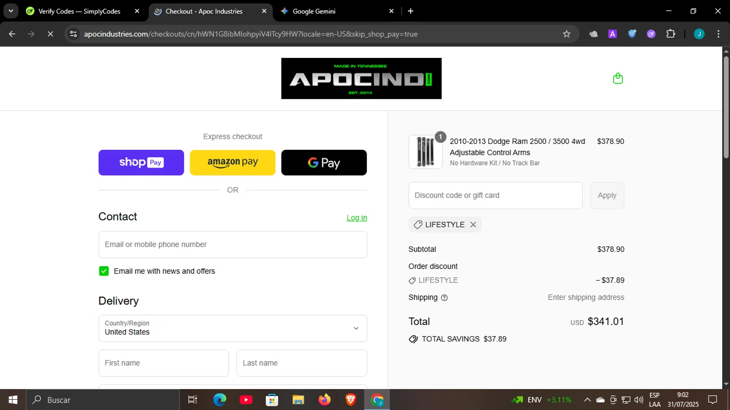 Apoc Industries discount code screenshot showing code LIFESTYLE applied at Apoc Industries checkout page. Uploaded by SimplyCodes community member WonderCaptain6926 on Jul 31, 2025