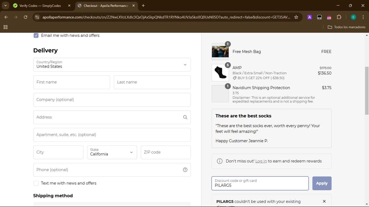 Apolla Performance discount code screenshot showing code PILARG5 applied at Apolla Performance checkout page. Uploaded by SimplyCodes community member EpicSpotter3493 on Jan 28, 2025