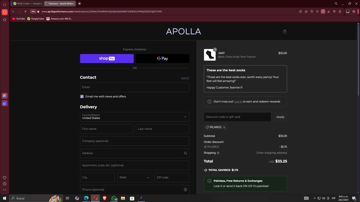 Apolla Performance discount code screenshot showing code PILARG5 applied at Apolla Performance checkout page. Uploaded by SimplyCodes community member TheRodan on Feb 28, 2025