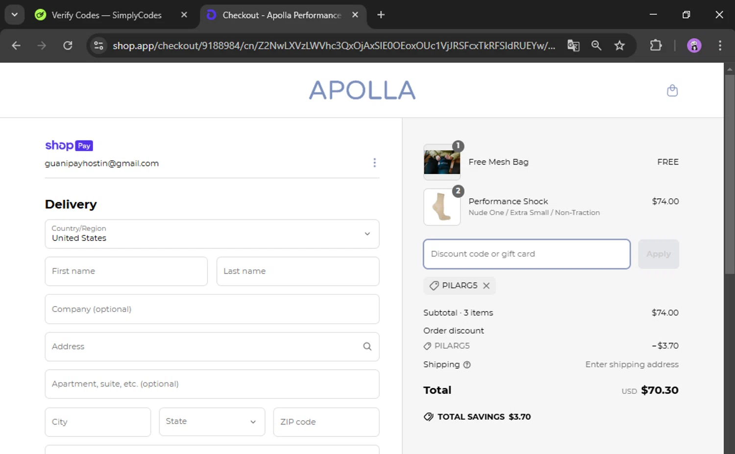 Apolla Performance discount code screenshot showing code PILARG5 applied at Apolla Performance checkout page. Uploaded by SimplyCodes community member scotlake22 on Mar 24, 2025