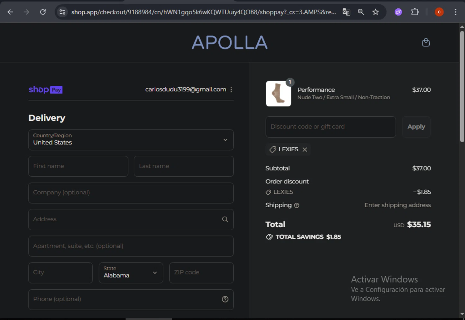 Apolla Performance discount code screenshot showing code LEXIE5 applied at Apolla Performance checkout page. Uploaded by SimplyCodes community member CashSage6731 on Aug 11, 2025