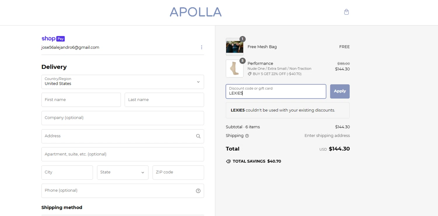 Apolla Performance discount code screenshot showing code LEXIE5 applied at Apolla Performance checkout page. Uploaded by SimplyCodes community member Kmacho on Feb 28, 2025