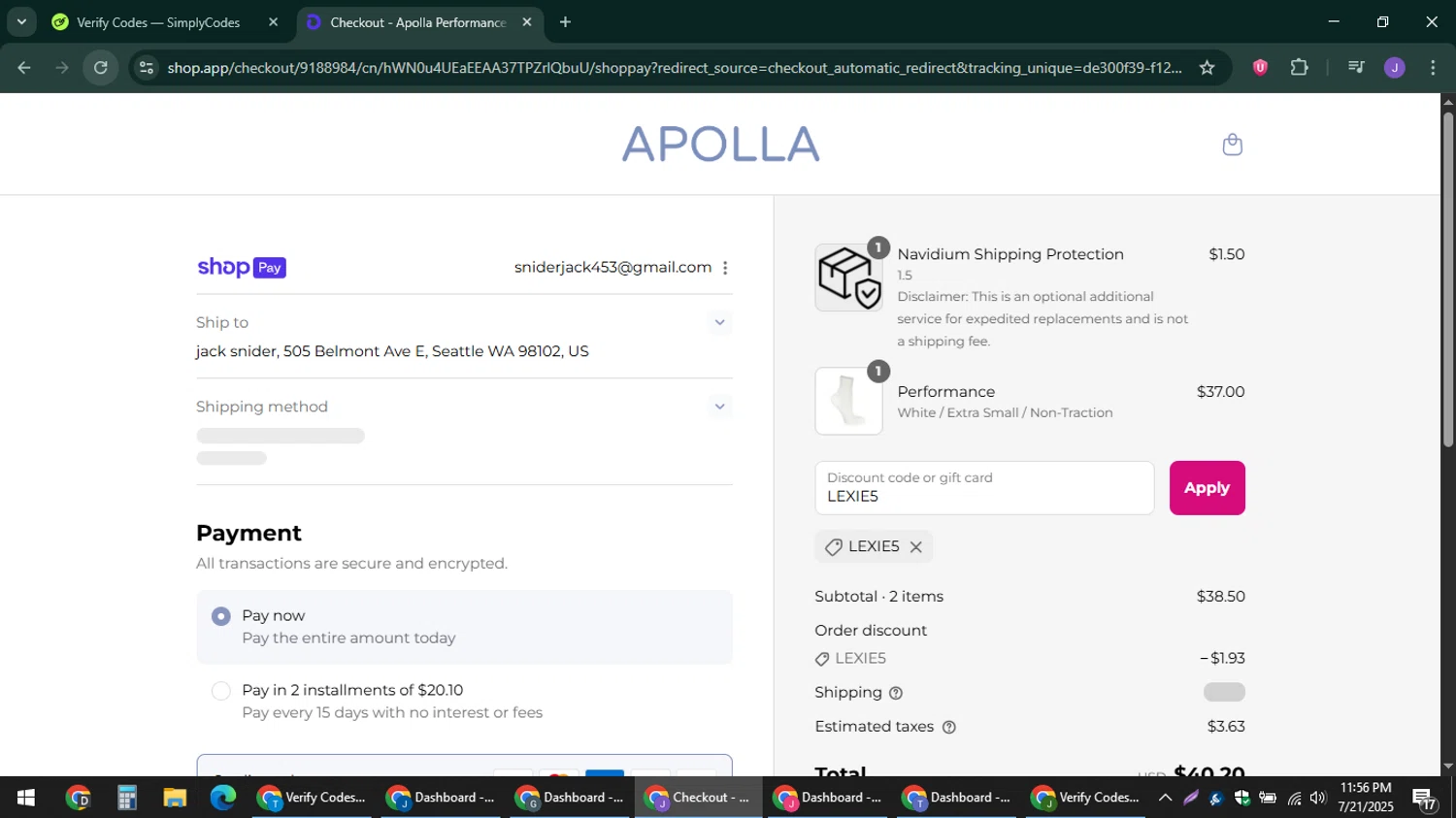 Apolla Performance discount code screenshot showing code LEXIE5 applied at Apolla Performance checkout page. Uploaded by SimplyCodes community member sniderjack453 on Jul 22, 2025