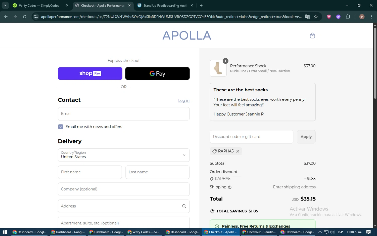 Apolla Performance discount code screenshot showing code RAPHA5 applied at Apolla Performance checkout page. Uploaded by SimplyCodes community member RoyalSleuth6331 on Jun 30, 2025