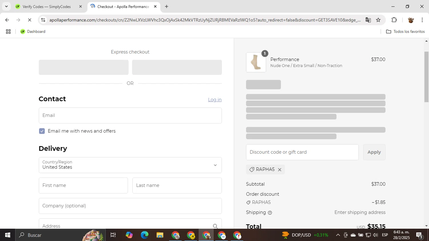 Apolla Performance discount code screenshot showing code RAPHA5 applied at Apolla Performance checkout page. Uploaded by SimplyCodes community member ShrewdNavigator7649 on Feb 28, 2025