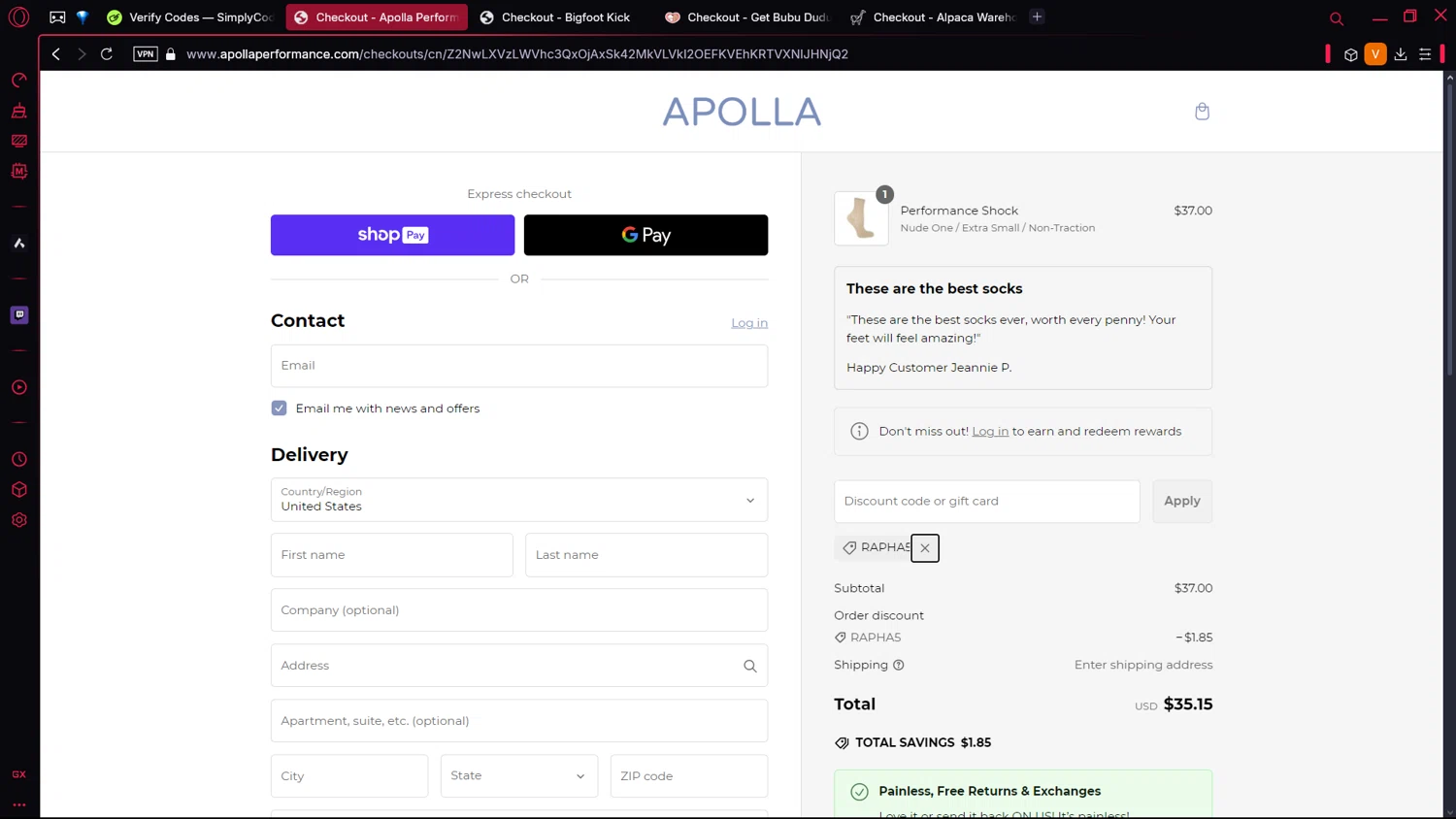 Apolla Performance discount code screenshot showing code RAPHA5 applied at Apolla Performance checkout page. Uploaded by SimplyCodes community member BrilliantLion4485 on Feb 28, 2025
