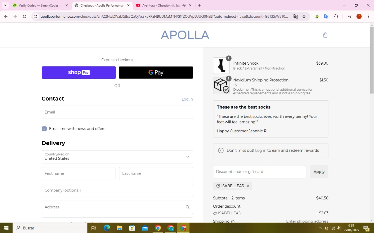 Apolla Performance discount code screenshot showing code ISABELLEA5 applied at Apolla Performance checkout page. Uploaded by SimplyCodes community member Collug on Jan 25, 2025