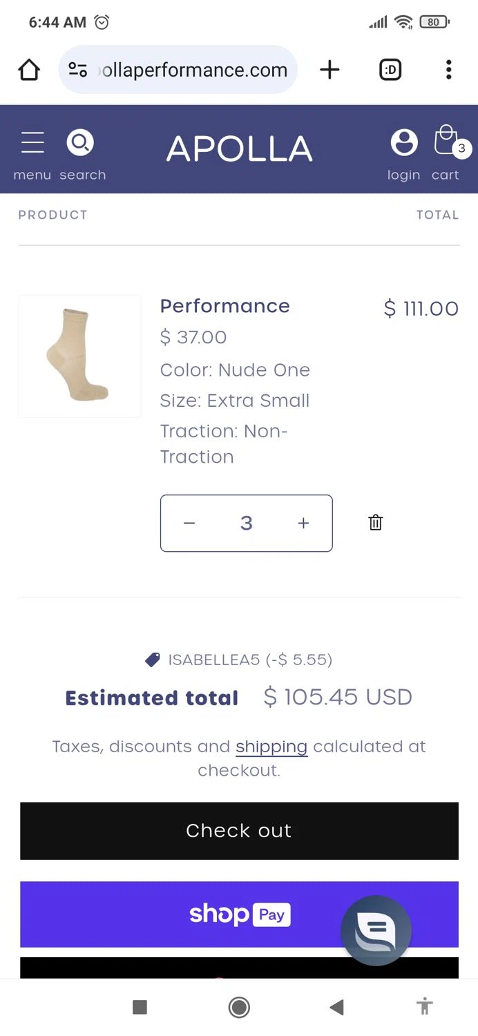 Apolla Performance discount code screenshot showing code ISABELLEA5 applied at Apolla Performance checkout page. Uploaded by SimplyCodes community member avatar on Feb 28, 2025