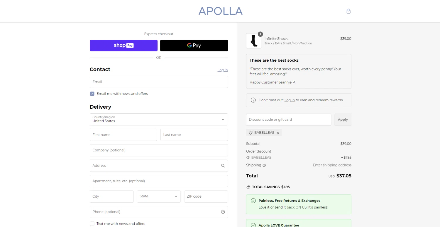 Apolla Performance discount code screenshot showing code ISABELLEA5 applied at Apolla Performance checkout page. Uploaded by SimplyCodes community member CashOwl3827 on Feb 28, 2025