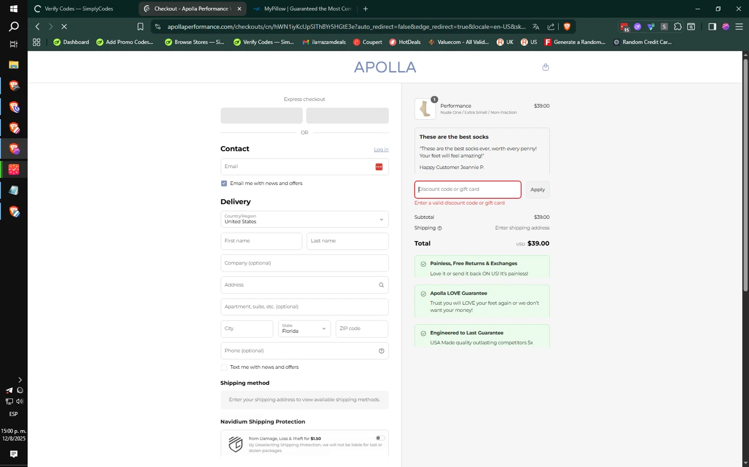 Apolla Performance discount code screenshot showing code POWDERSBACK applied at Apolla Performance checkout page. Uploaded by SimplyCodes community member FrugalEagle9163 on Aug 12, 2025