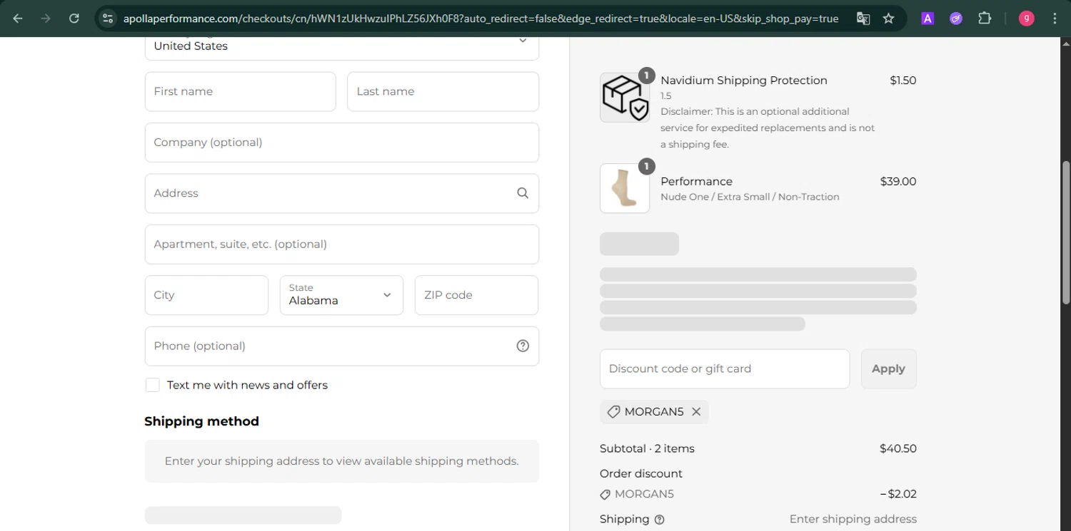 Apolla Performance discount code screenshot showing code Morgan5 applied at Apolla Performance checkout page. Uploaded by SimplyCodes community member MoneyFalcon481 on Aug 19, 2025