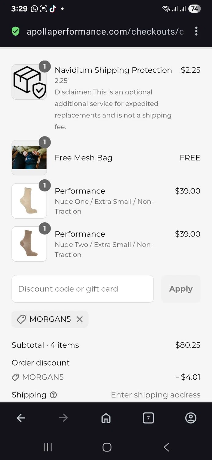 Apolla Performance discount code screenshot showing code Morgan5 applied at Apolla Performance checkout page. Uploaded by SimplyCodes community member vida5254427716958 on Aug 19, 2025