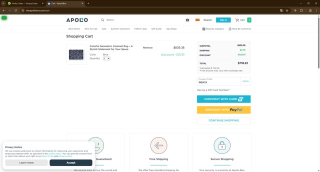 The Apollo Box checkout page showing The Apollo Box promo code box | Screenshot taken by SimplyCodes community member on Apr 1, 2025