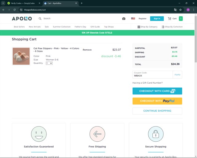 The Apollo Box checkout page showing The Apollo Box promo code box | Screenshot taken by SimplyCodes community member on Jun 18, 2024