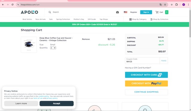 The Apollo Box checkout page showing The Apollo Box promo code box | Screenshot taken by SimplyCodes community member on May 23, 2024
