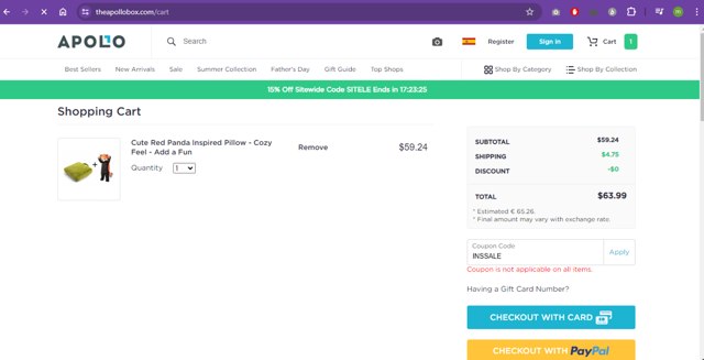 The Apollo Box checkout page showing The Apollo Box promo code box | Screenshot taken by SimplyCodes community member on May 31, 2024