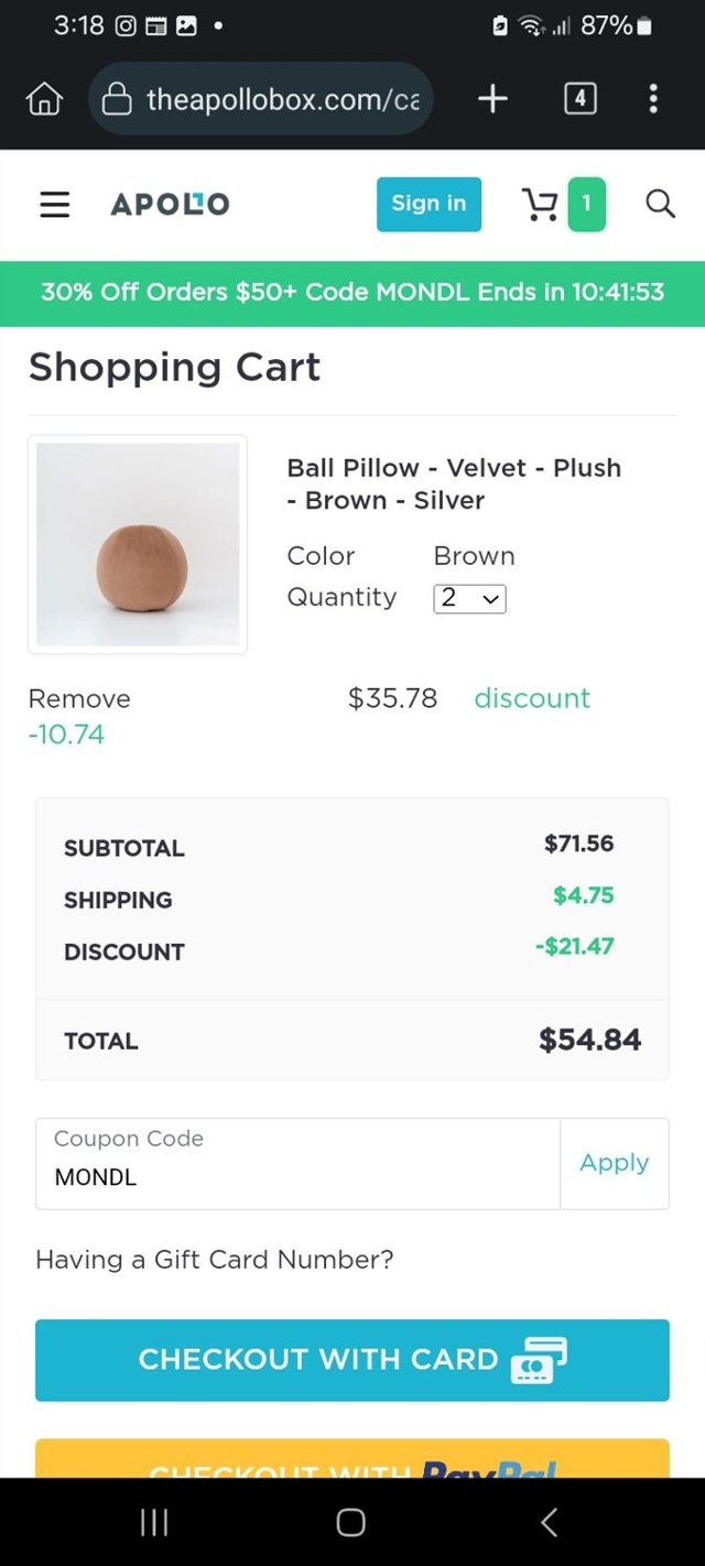 The Apollo Box checkout page showing The Apollo Box promo code box | Screenshot taken by SimplyCodes community member on May 27, 2024