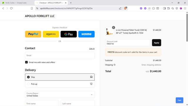 Apollo Lift US checkout page showing Apollo Lift US promo code box | Screenshot taken by SimplyCodes community member on Aug 30, 2025