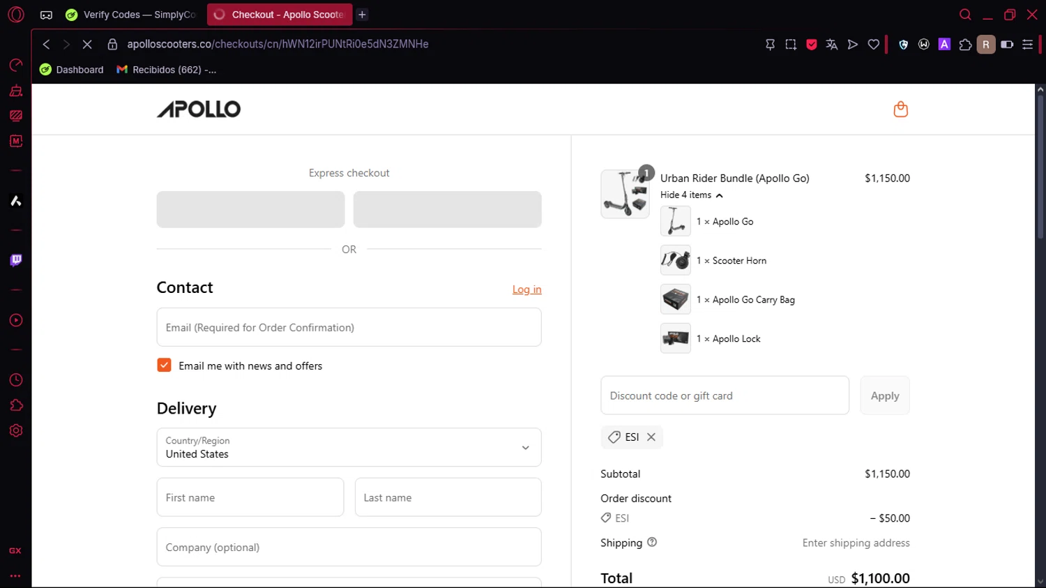 Apollo Scooters coupon code screenshot showing code ESI applied at Apollo Scooters checkout page. Uploaded by SimplyCodes community member Marole on Jul 25, 2025