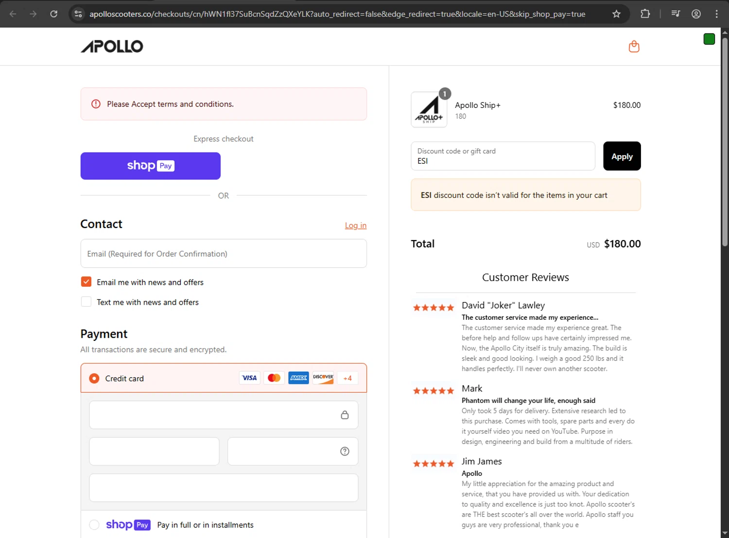 Apollo Scooters coupon code screenshot showing code ESI applied at Apollo Scooters checkout page. Uploaded by SimplyCodes community member MRDEAL on Aug 11, 2025