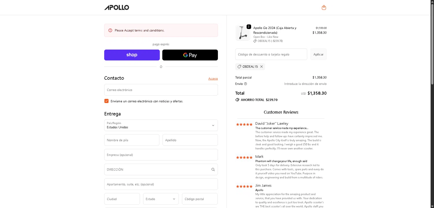 Apollo Scooters checkout page showing Apollo Scooters coupon code box | Screenshot taken by SimplyCodes community member on Feb 9, 2026