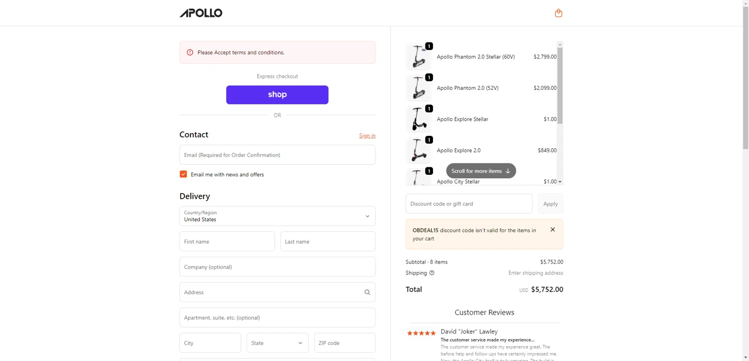 Apollo Scooters checkout page showing Apollo Scooters coupon code box | Screenshot taken by SimplyCodes community member on Feb 9, 2026