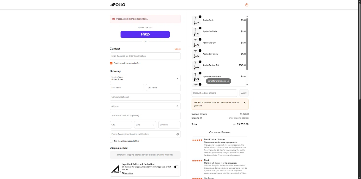 Apollo Scooters coupon code screenshot showing code OBDEAL15 applied at Apollo Scooters checkout page. Uploaded by SimplyCodes community member TokenNavigator3088 on Feb 9, 2026