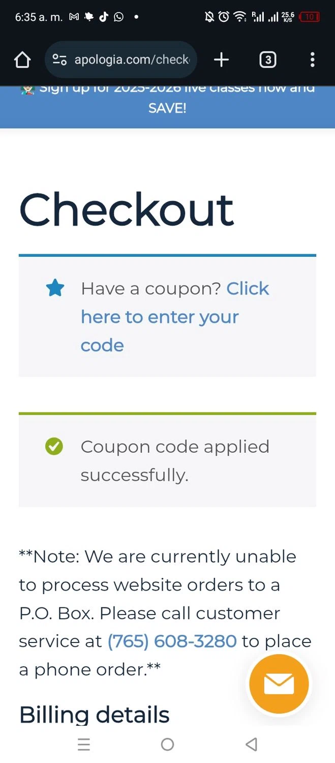 Apologia coupon code screenshot showing code APRIL10 applied at Apologia checkout page. Uploaded by SimplyCodes community member Chukaflu on Mar 9, 2025