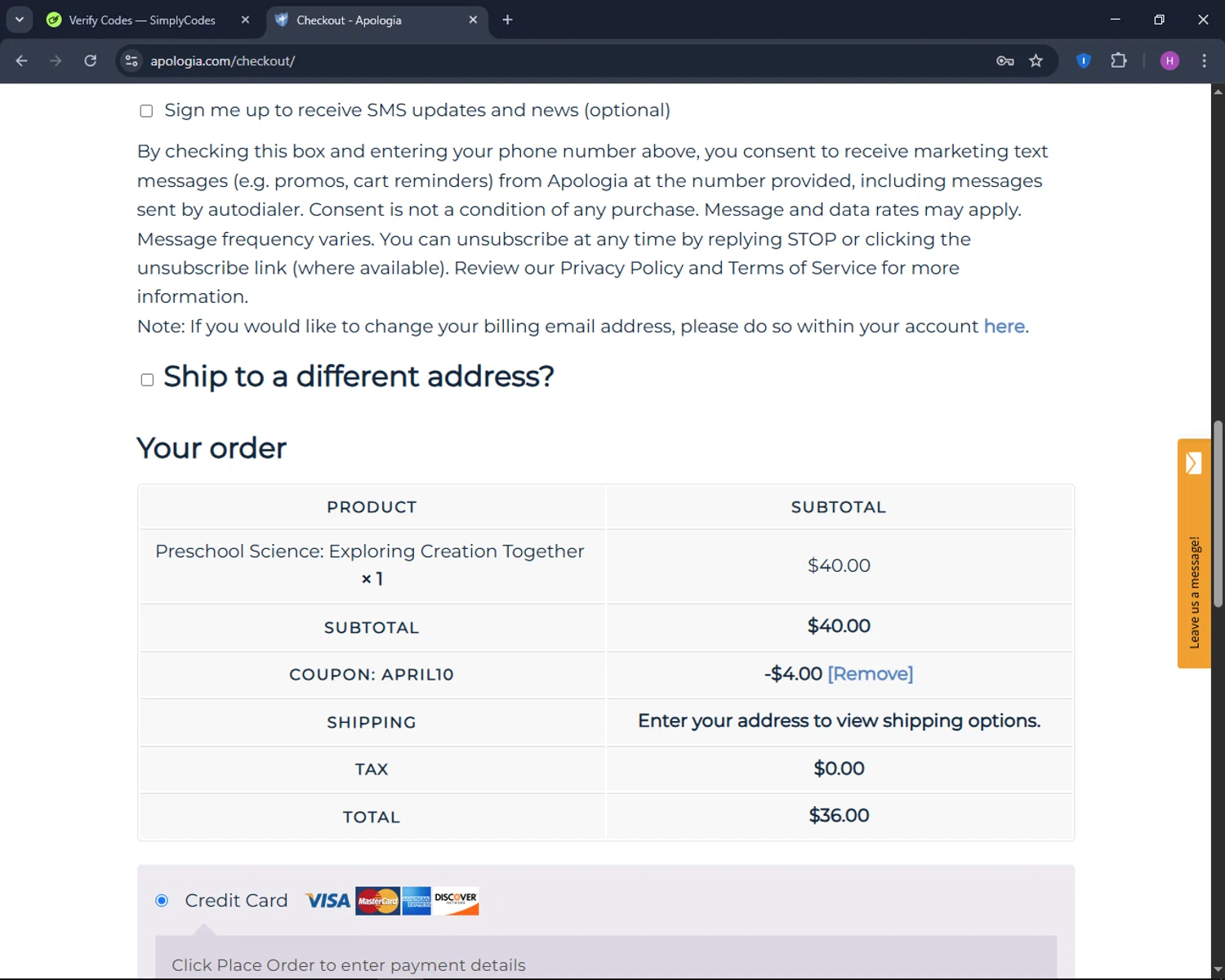Apologia coupon code screenshot showing code APRIL10 applied at Apologia checkout page. Uploaded by SimplyCodes community member TokenNavigator6891 on Apr 7, 2025