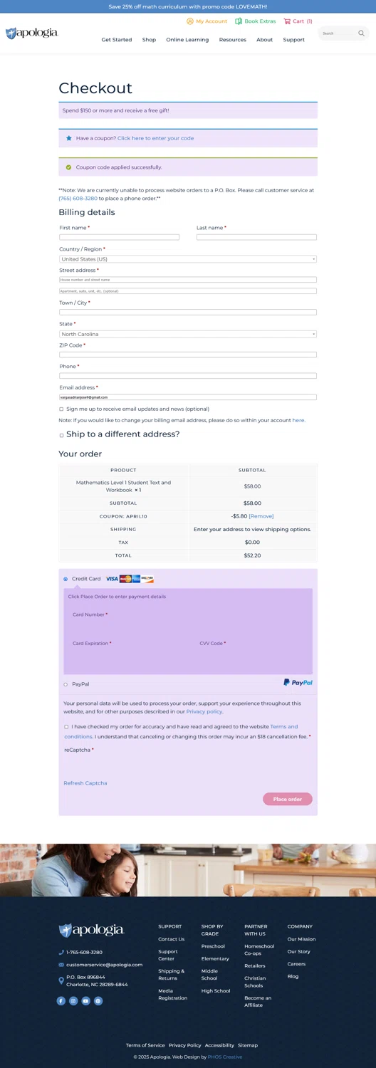 Apologia coupon code screenshot showing code APRIL10 applied at Apologia checkout page. Uploaded by SimplyCodes community member WladimirV on Feb 8, 2025