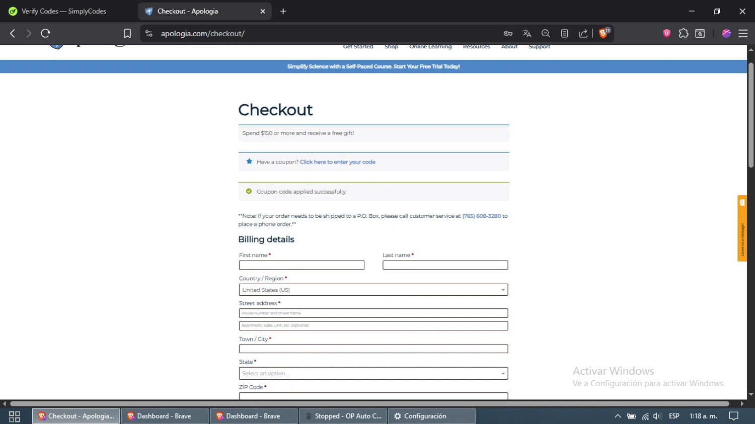 Apologia coupon code screenshot showing code SORBO10 applied at Apologia checkout page. Uploaded by SimplyCodes community member Samira on Sep 22, 2025