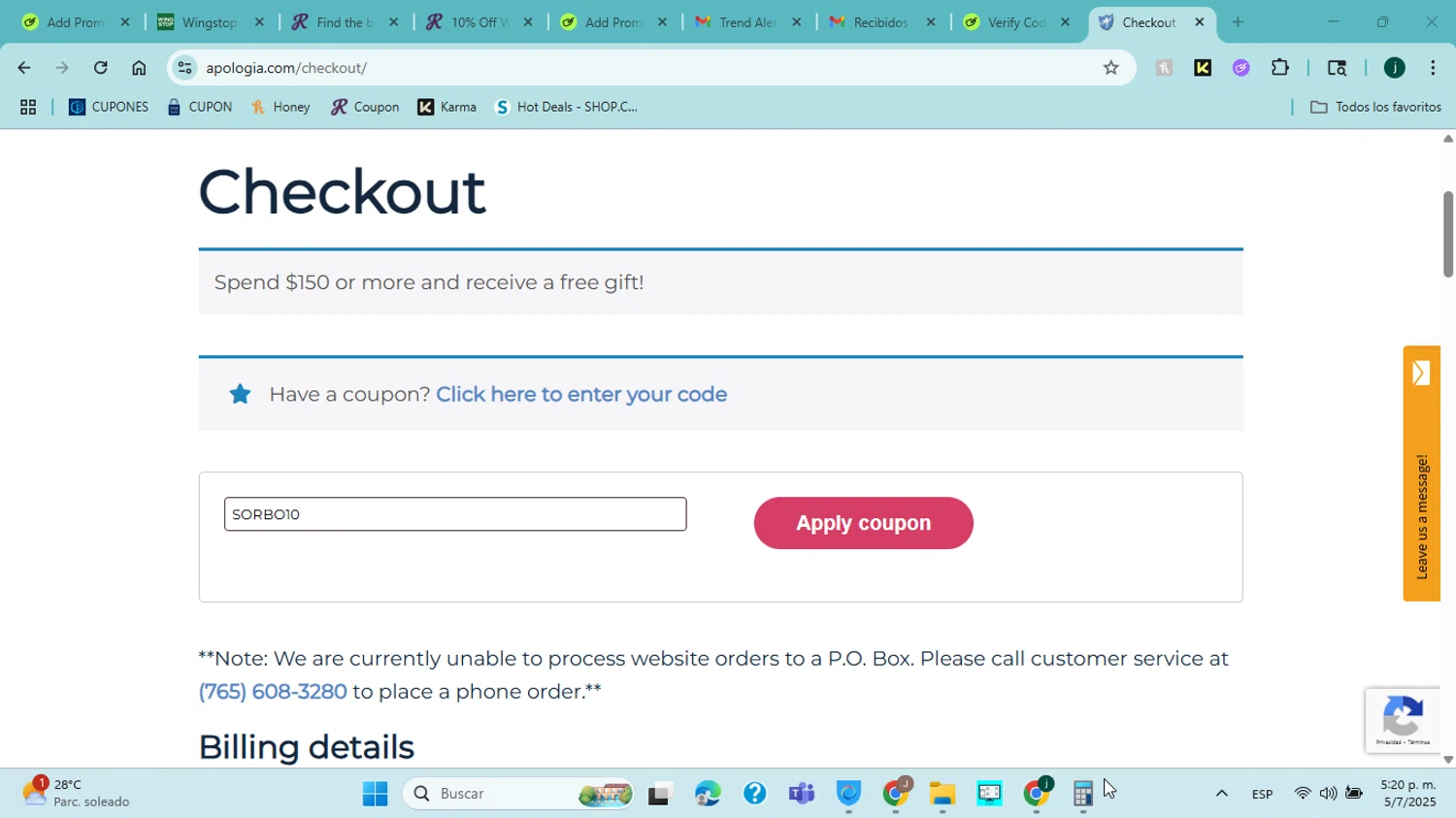 Apologia coupon code screenshot showing code SORBO10 applied at Apologia checkout page. Uploaded by SimplyCodes community member jorgejavierherrera on Jul 5, 2025