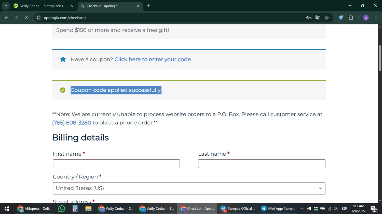 Apologia coupon code screenshot showing code SORBO10 applied at Apologia checkout page. Uploaded by SimplyCodes community member sniderjack453 on Jun 6, 2025