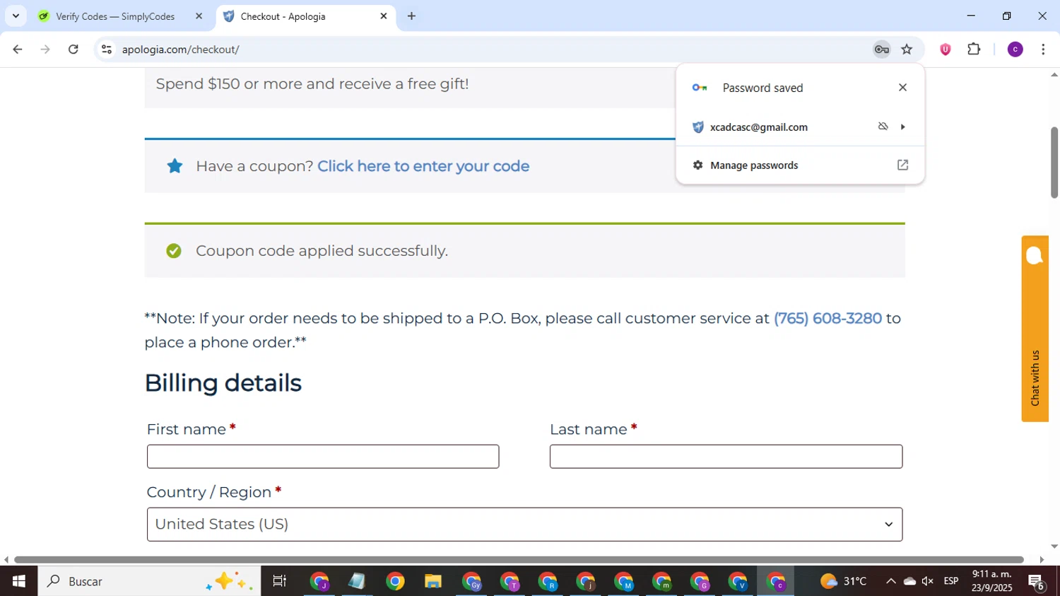 Apologia coupon code screenshot showing code WELCOME10 applied at Apologia checkout page. Uploaded by SimplyCodes community member Jorge24 on Sep 23, 2025