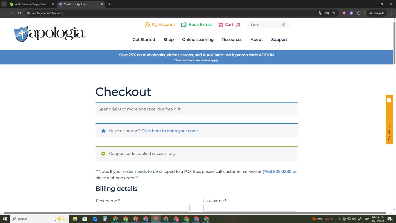 Apologia checkout page showing Apologia coupon code box | Screenshot taken by SimplyCodes community member on Oct 30, 2025