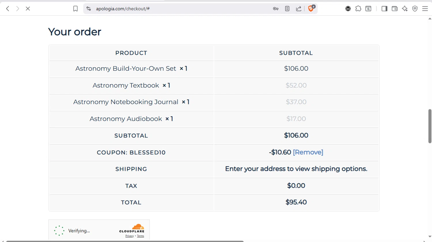 Apologia coupon code screenshot showing code blessed10 applied at Apologia checkout page. Uploaded by SimplyCodes community member dayselis15 on Dec 12, 2025