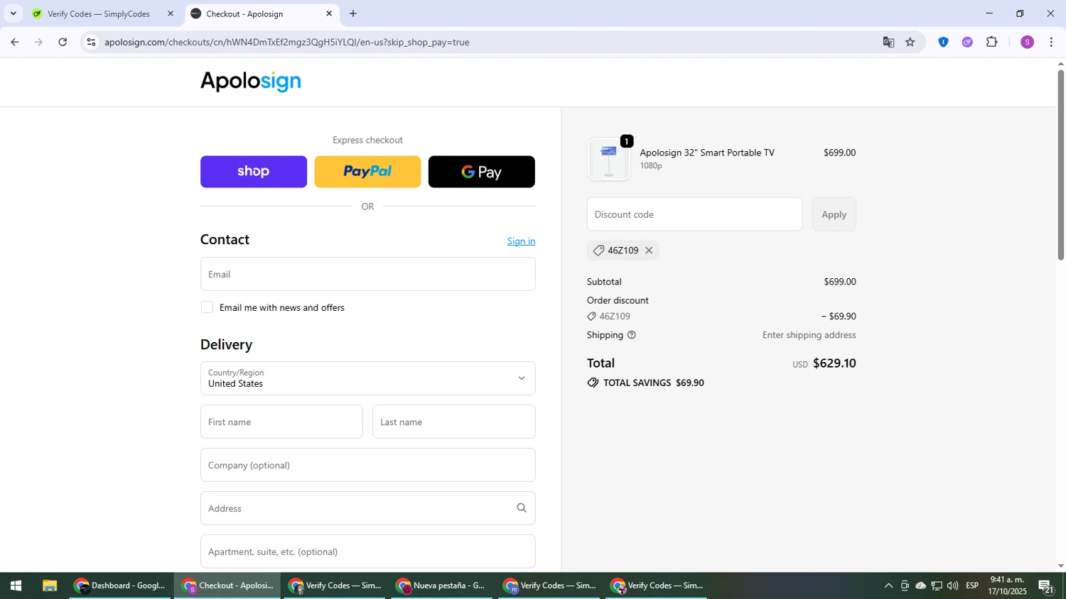 ApoloSign promo code screenshot showing code 46Z109 applied at ApoloSign checkout page. Uploaded by SimplyCodes community member Son_Goku on Oct 17, 2025