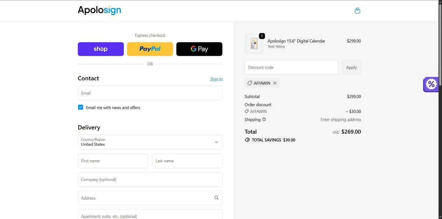 ApoloSign promo code screenshot showing code AFFAWIN applied at ApoloSign checkout page. Uploaded by SimplyCodes community member Depressive on Dec 12, 2025