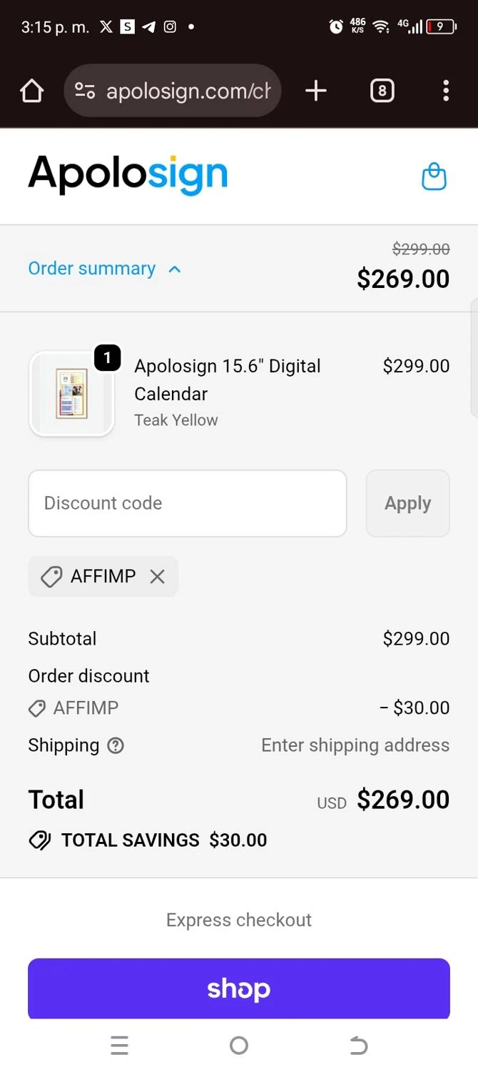 ApoloSign promo code screenshot showing code AFFIMP applied at ApoloSign checkout page. Uploaded by SimplyCodes community member kellymoreno on Dec 10, 2025