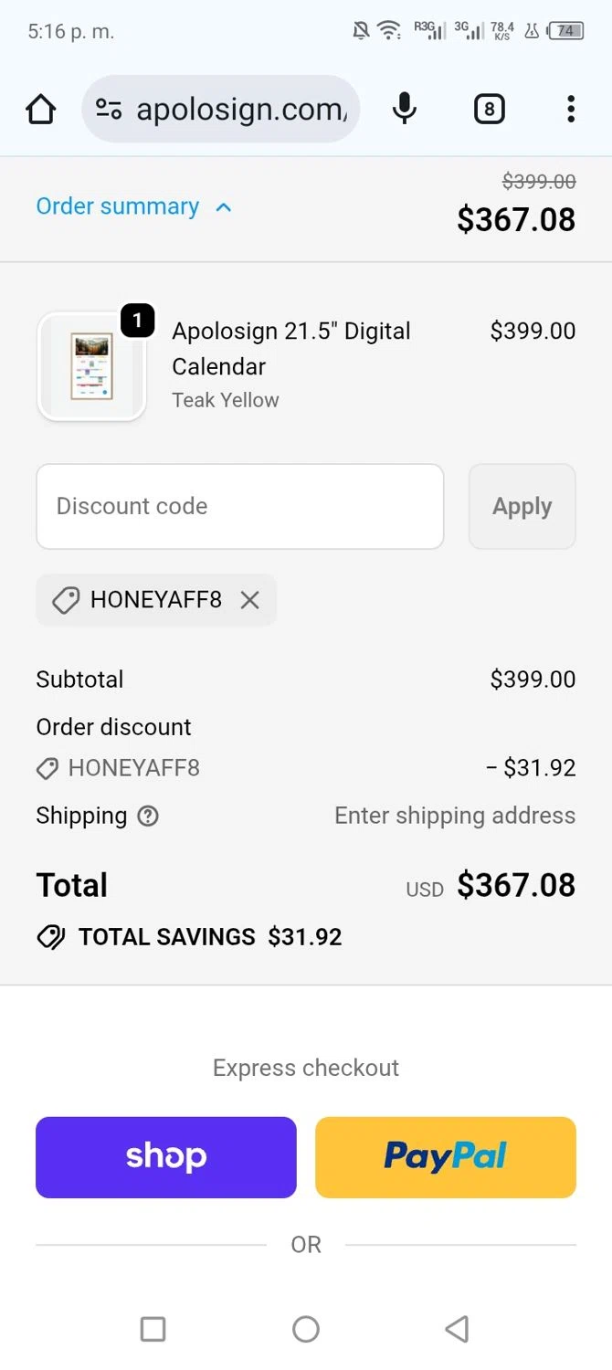 ApoloSign promo code screenshot showing code HONEYAFF8 applied at ApoloSign checkout page. Uploaded by SimplyCodes community member shark12 on Dec 27, 2025