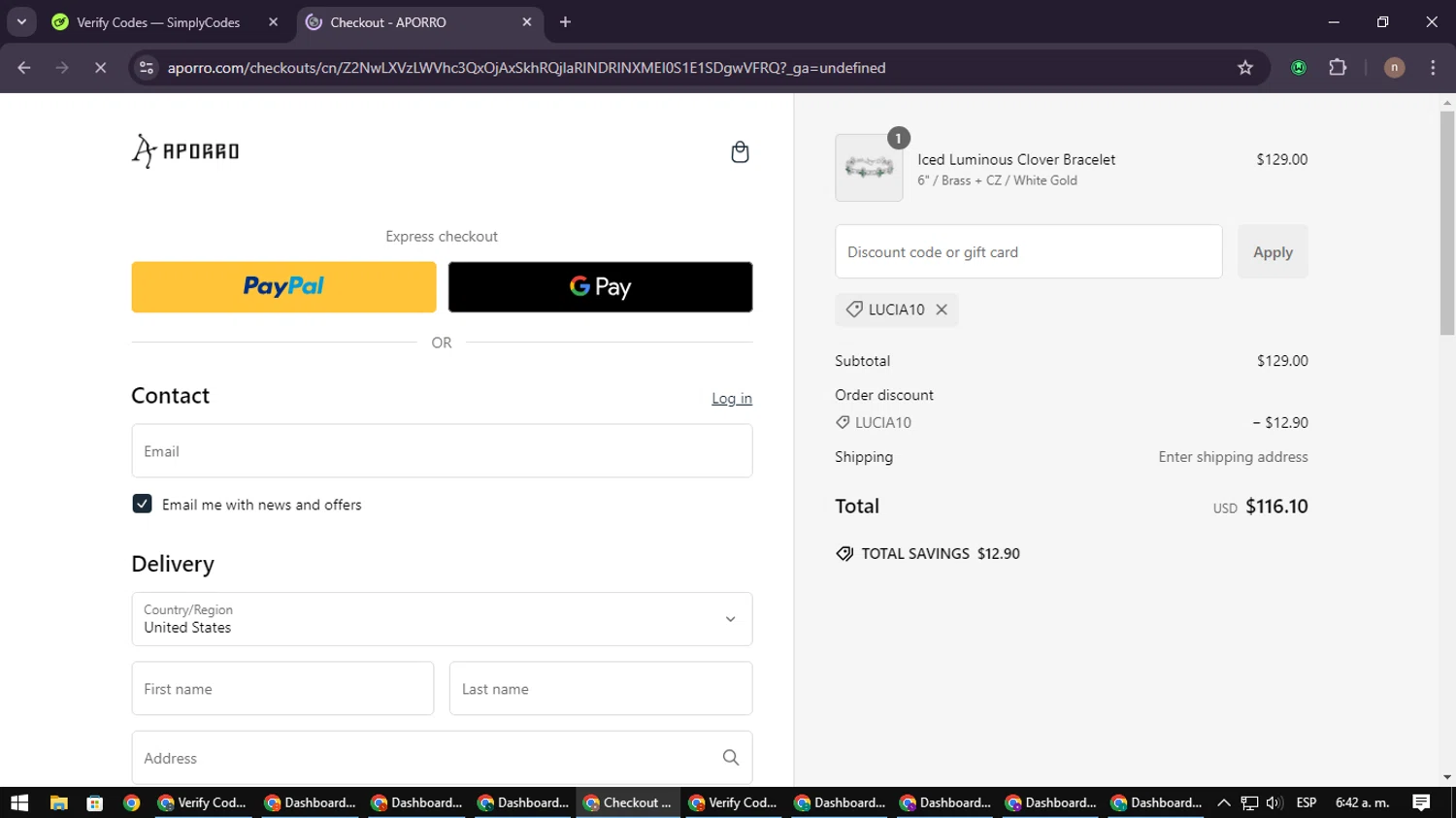 Aporro discount code screenshot showing code LUCIA10 applied at Aporro checkout page. Uploaded by SimplyCodes community member SmartWarden8713 on Jan 16, 2025