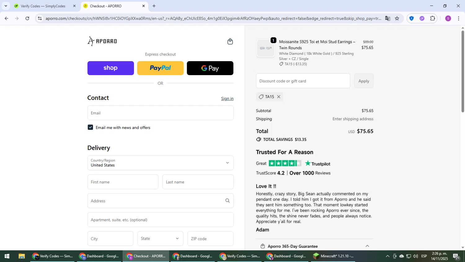 Aporro discount code screenshot showing code TA15 applied at Aporro checkout page. Uploaded by SimplyCodes community member Son_Goku on Nov 14, 2025