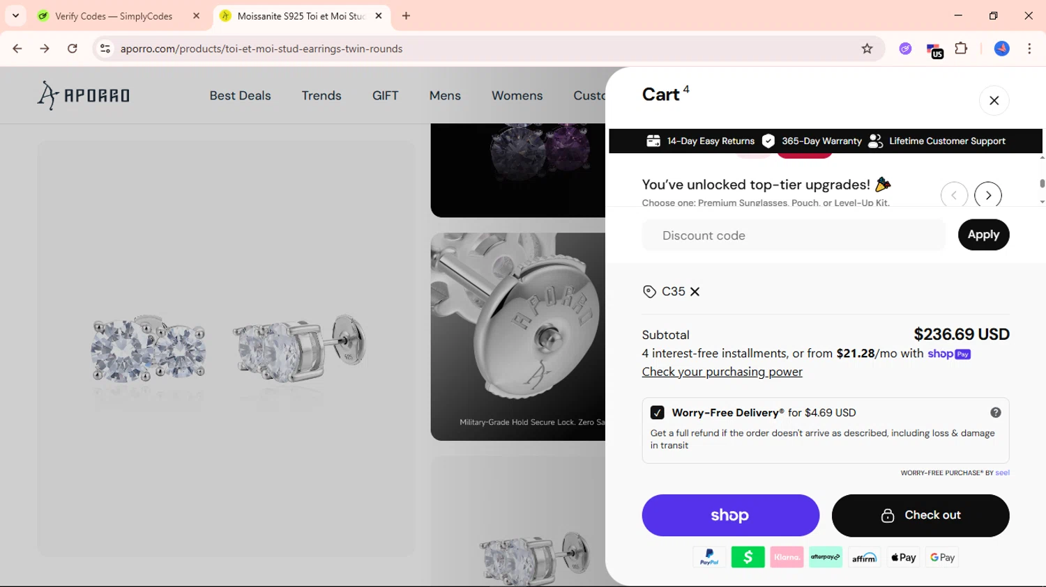 Aporro discount code screenshot showing code C35 applied at Aporro checkout page. Uploaded by SimplyCodes community member Avio_21 on Nov 24, 2025