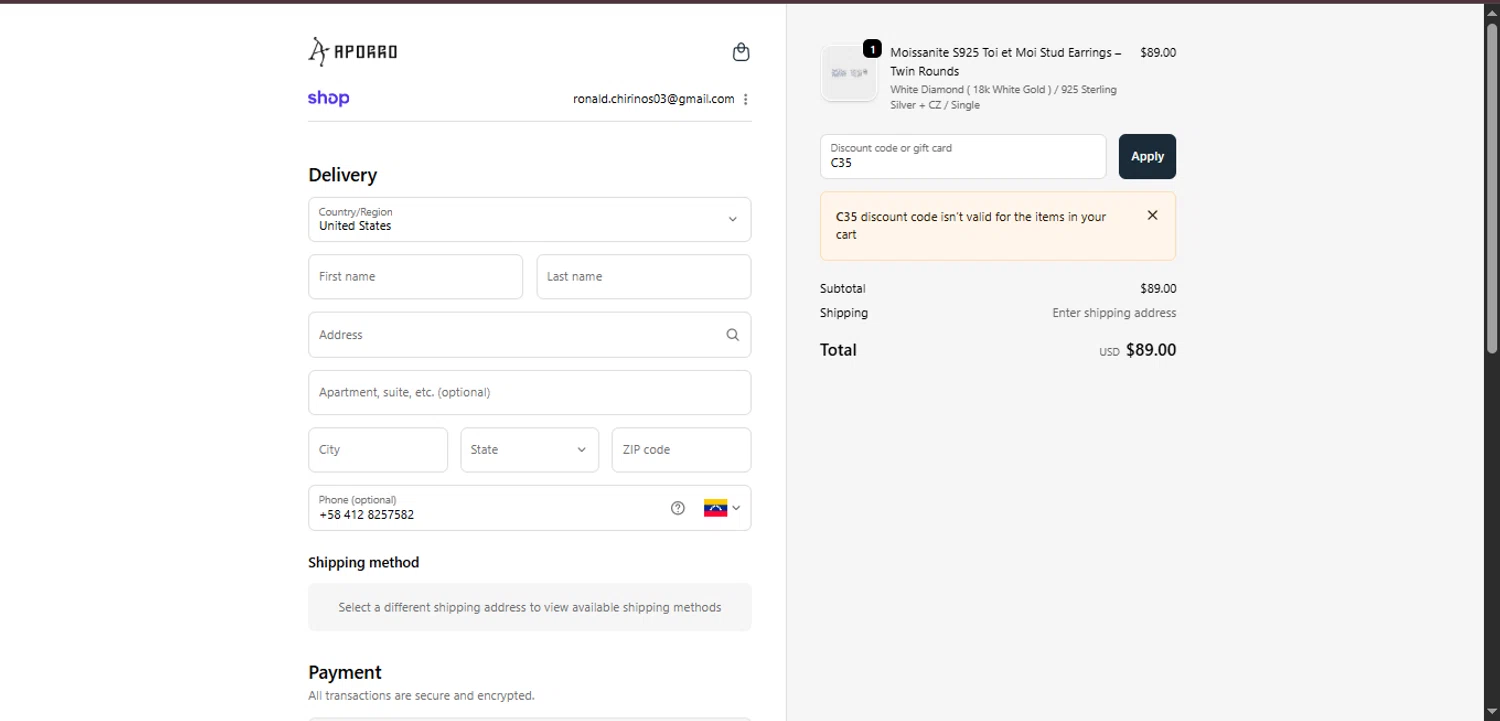 Aporro discount code screenshot showing code C35 applied at Aporro checkout page. Uploaded by SimplyCodes community member ValiantMaverick169 on Nov 14, 2025