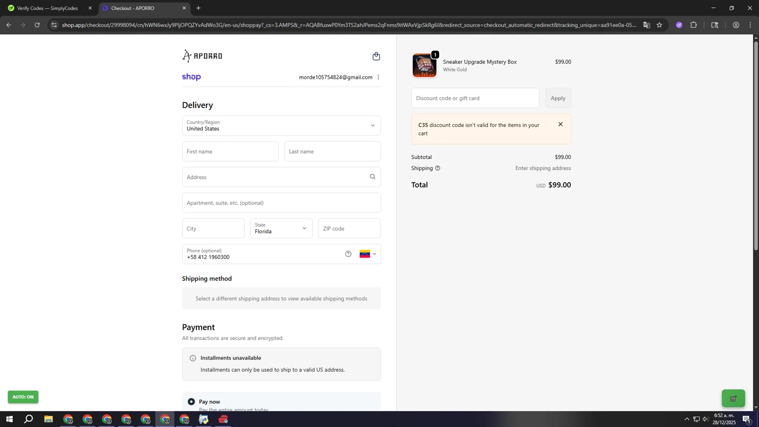 Aporro discount code screenshot showing code C35 applied at Aporro checkout page. Uploaded by SimplyCodes community member fffffffffffffffffff on Dec 28, 2025
