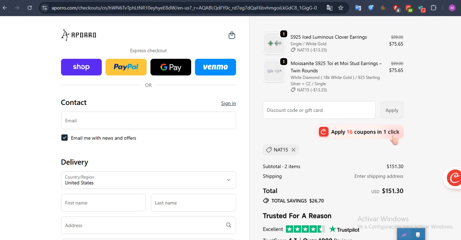 Aporro discount code screenshot showing code NAT15 applied at Aporro checkout page. Uploaded by SimplyCodes community member SmartFalcon9323 on Dec 16, 2025