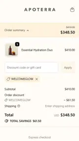 WELCOMEGLOW coupon verification screenshot