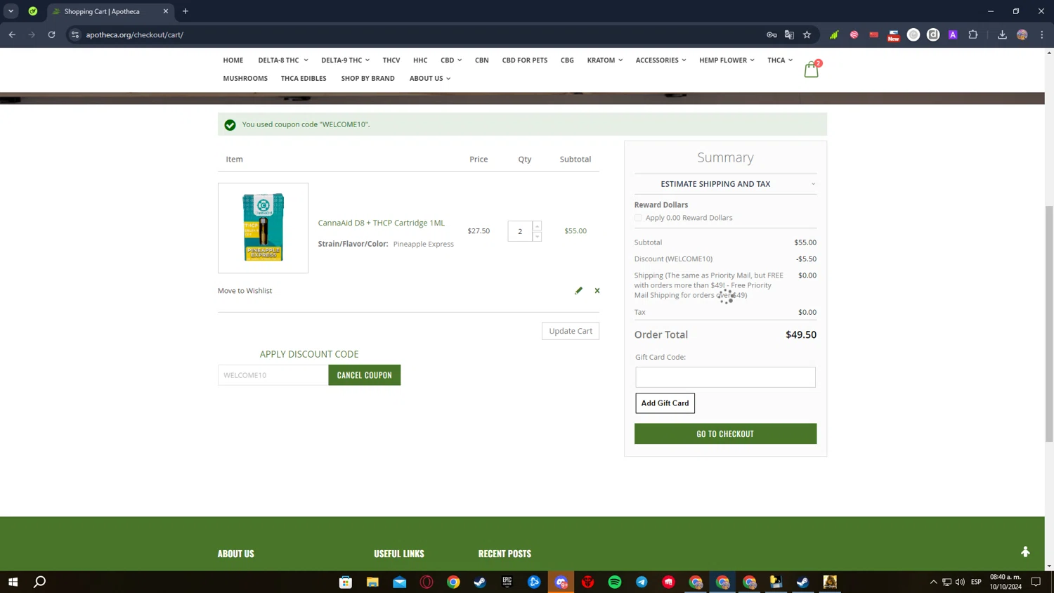 Apotheca checkout page showing Apotheca discount code box | Screenshot taken by SimplyCodes community member on Oct 10, 2024