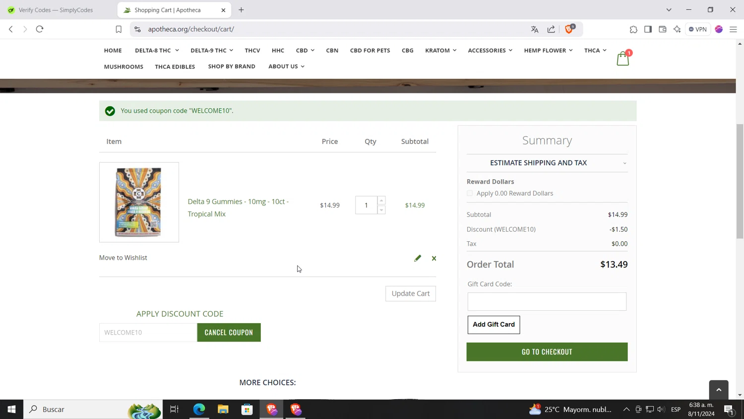 Apotheca checkout page showing Apotheca discount code box | Screenshot taken by SimplyCodes community member on Nov 8, 2024